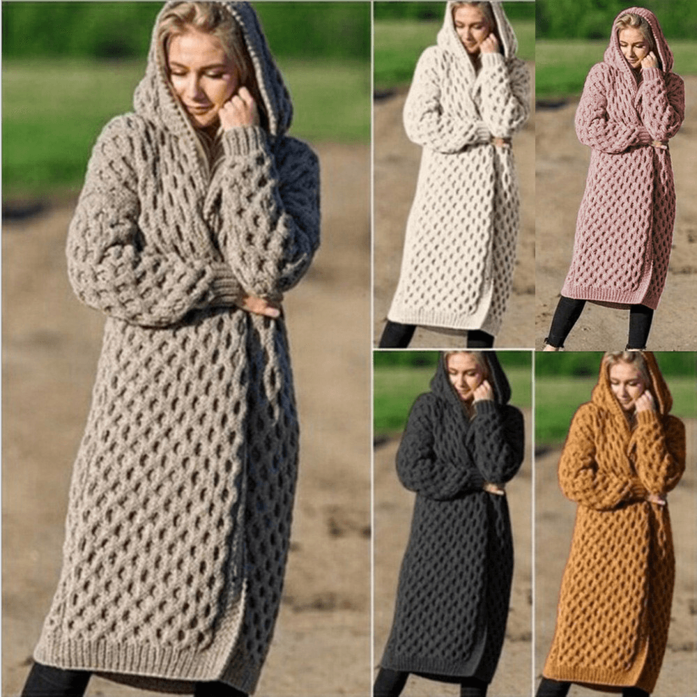 Women's Clothing Autumn And Winter Warm New Solid Color Long Knitted Sweater Hooded Cardigan Jacket