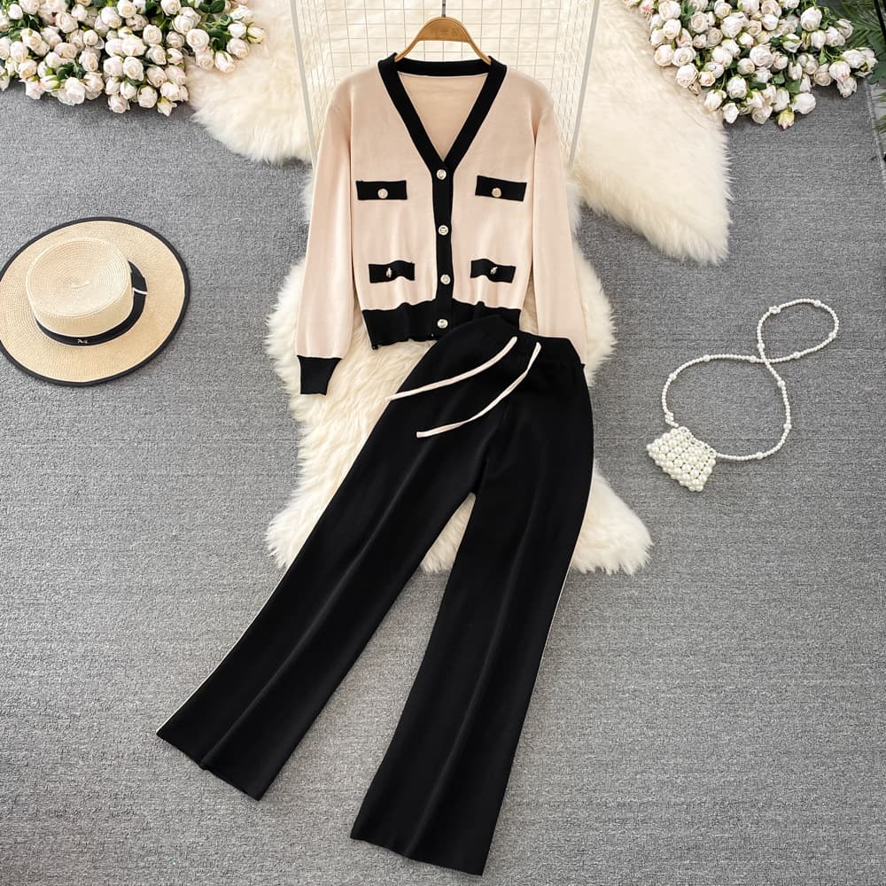 Women's Clothing Casual V-Neck Loose Contrast Color Long-Sleeved Jacket Two-Piece Set High-Waisted Knitted Wide-Leg Pants