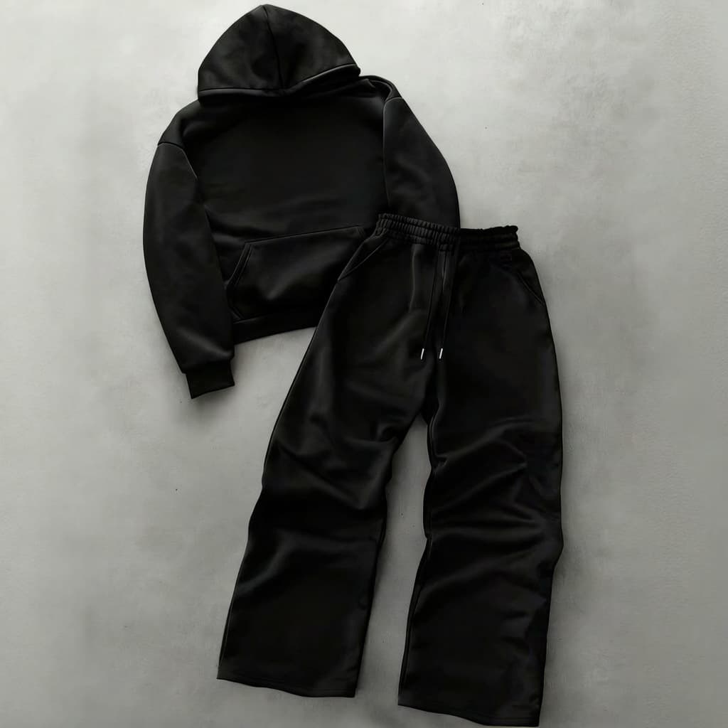Ensemble sweat-shirt à capuche doublé polaire et pantalon large style américain, tendance automne-hiver.
