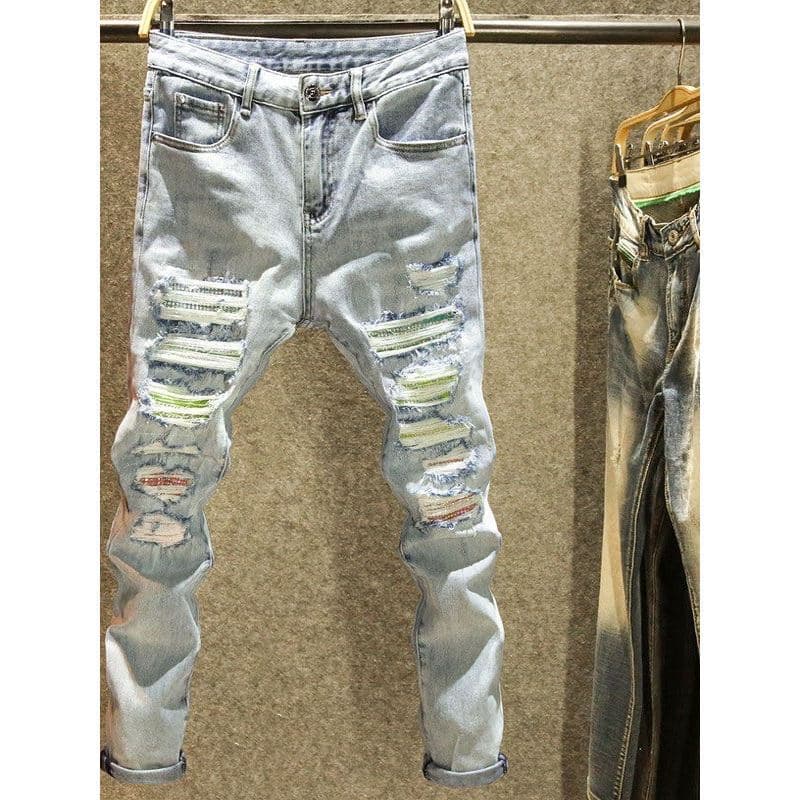 Men's Slim Fit Stretch Jeans With Ripped & Patched Design - Trendy Spring Casual Pants For Teenagers