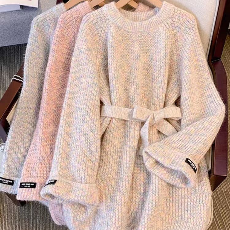 ​​Korean Style Oversized Round Neck Knit Sweater Women's Autumn Loose Fit Longline Waist-Tie Pullover