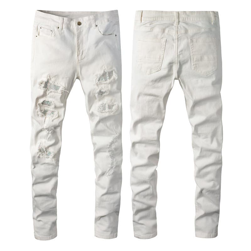 Men's Clothing High Street White Diamond Jeans For Men And Women Trendy American Style All-match Slim Straight Ripped And Scratched Skinny Trousers