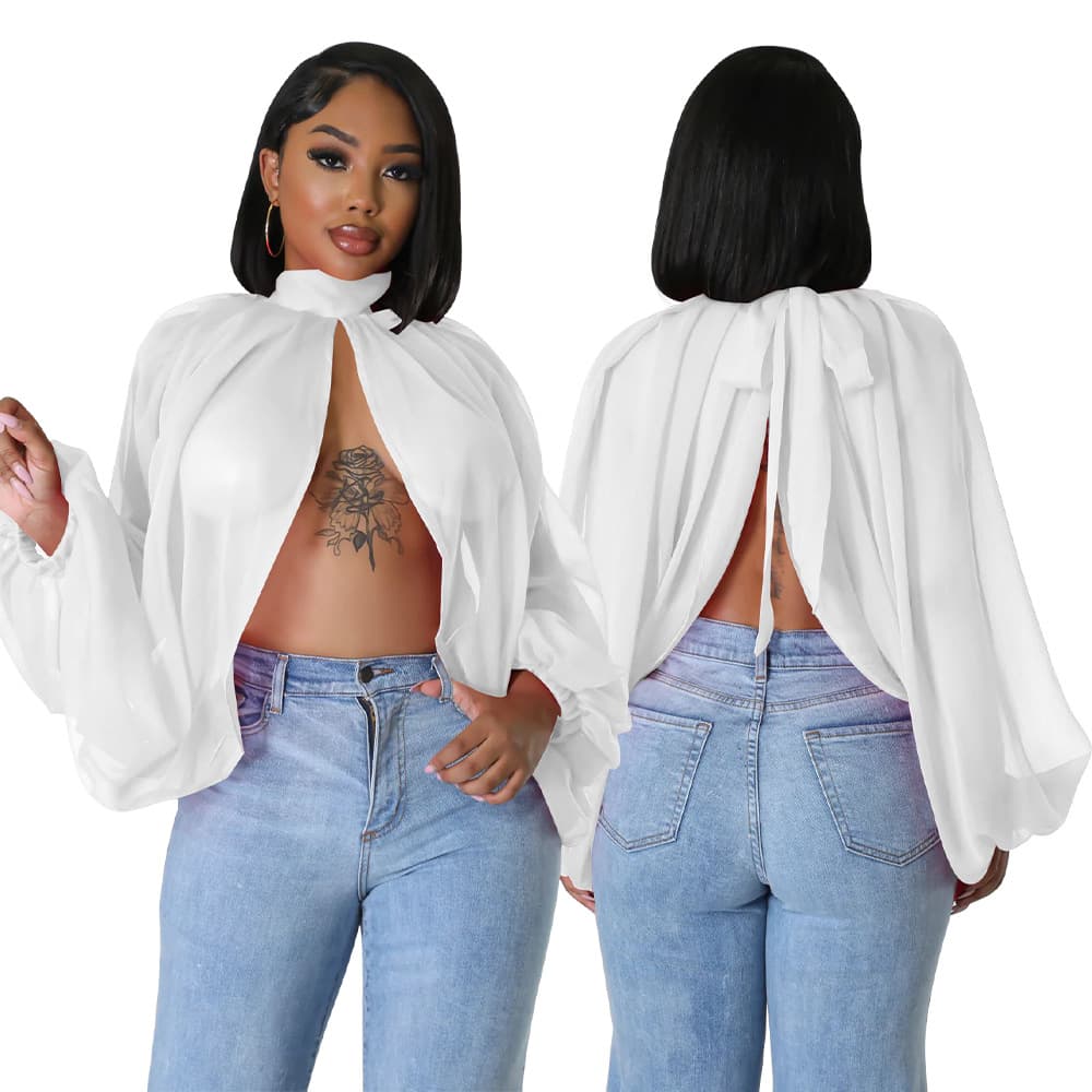 Women's Summer New Shawl Tie Solid Color Chiffon Shirt Bat Sleeve Top