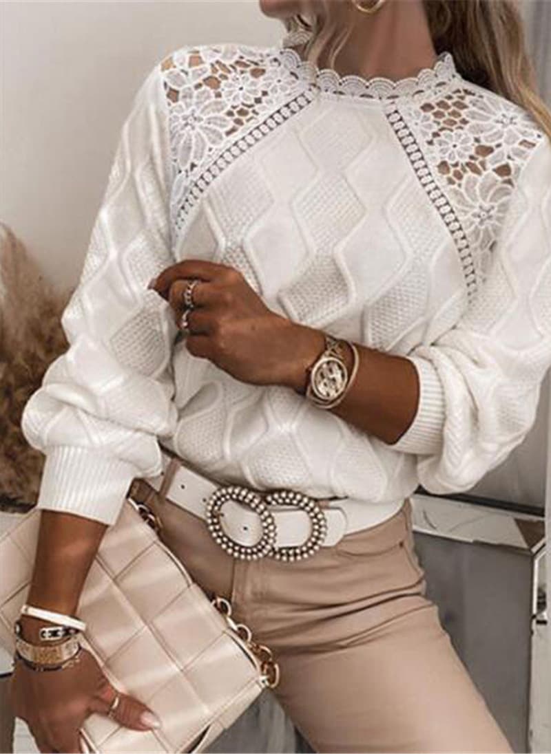 Women's Knitted Pullover Top Autumn and Winter Style Lace Lace Shoulder Sweater Women's Tops Temperament Slim Knitted Sweater