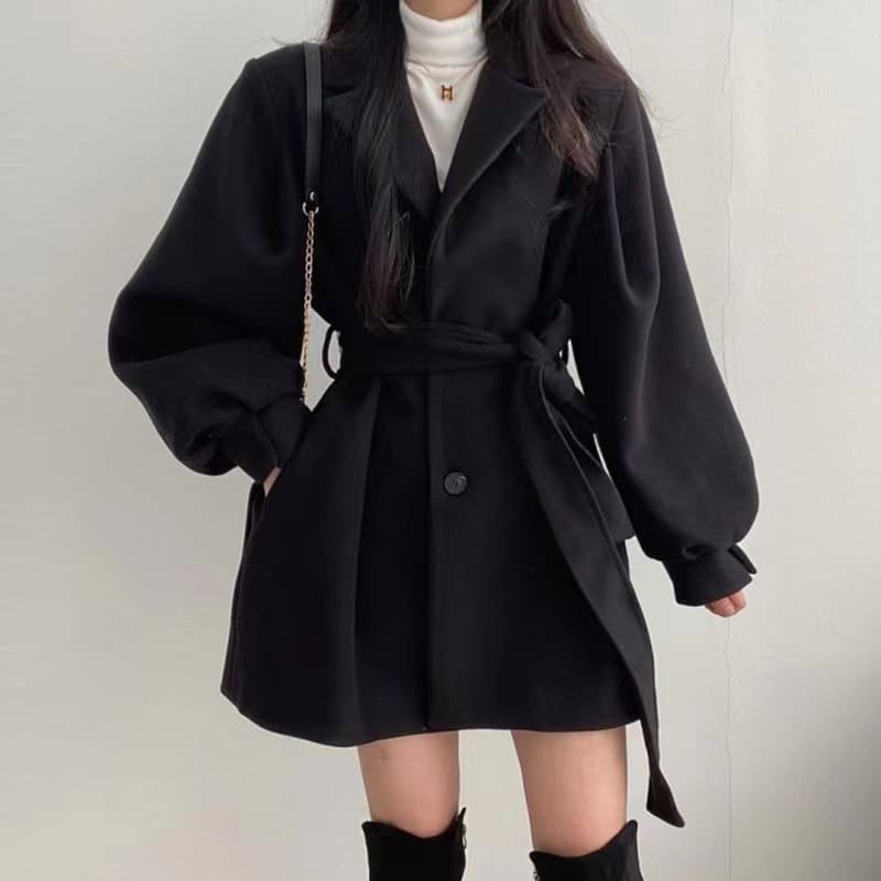 Hepburn Style Black Woolen Coat For Women Autumn And Winter 2023 New Small Waist Thickened Mid-length Woolen Coat