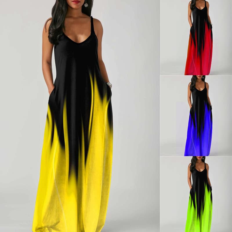 Hot Women's fashion summer sleeveless large hemline Slim with Gradient Printing Drop Dress