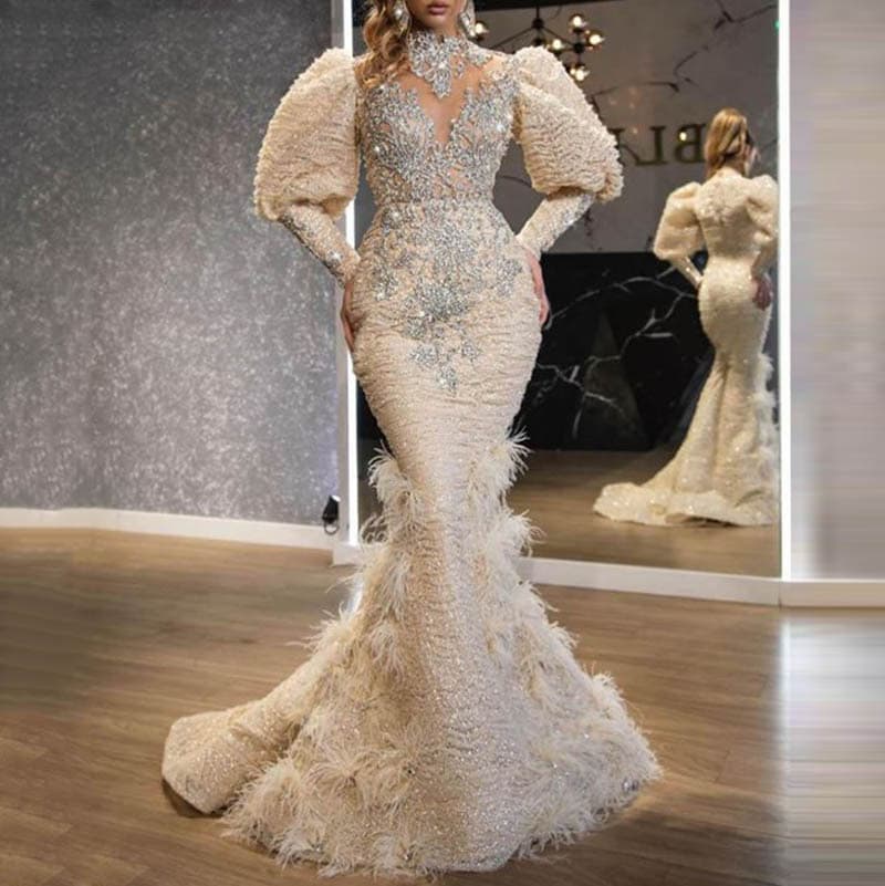 Gold Sprinkled V-Neck Feather Princess Dress Long Mesh Evening Gown Women's Clothing