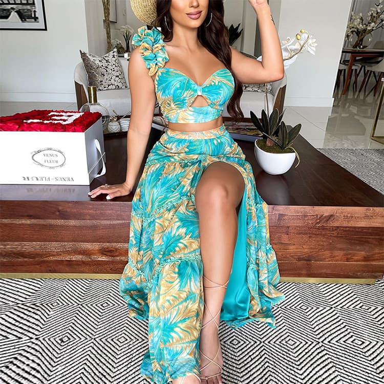 Women's summer new printed one-shoulder sleeve two-piece sexy Skirt Suits