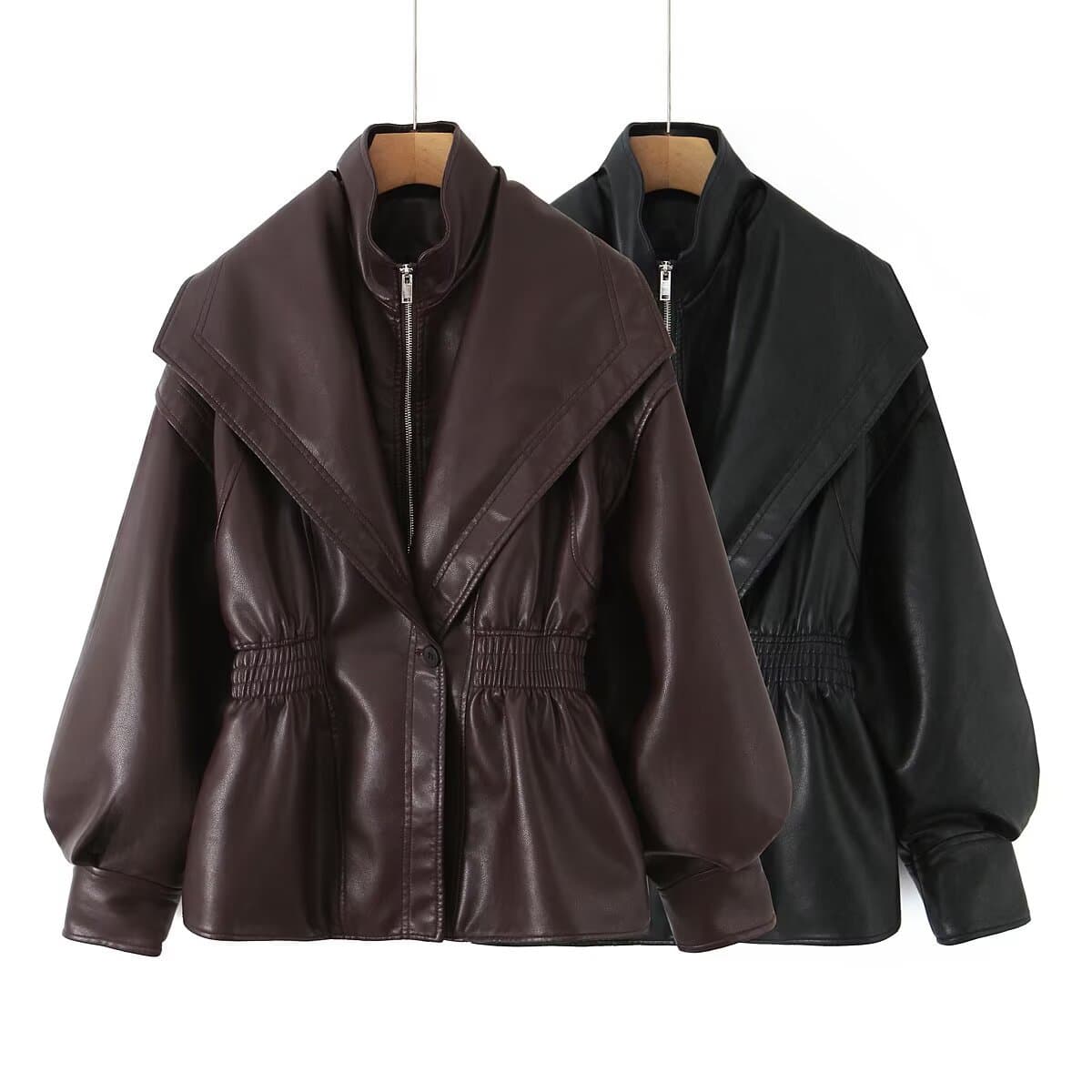 ​Faux Leather Jacket For Women - Fashionable Lapel Design With Puff Sleeves, Versatile Streetwear, Black & Brown (Sizes S/M/L)​
