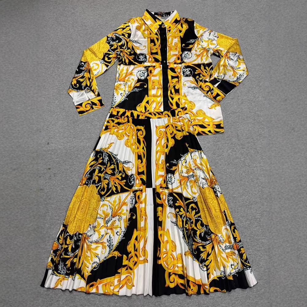 Women's Clothing Geometric Print Lapel Shirt Two Piece Suit Elastic Waist Pleated Skirt Suit
