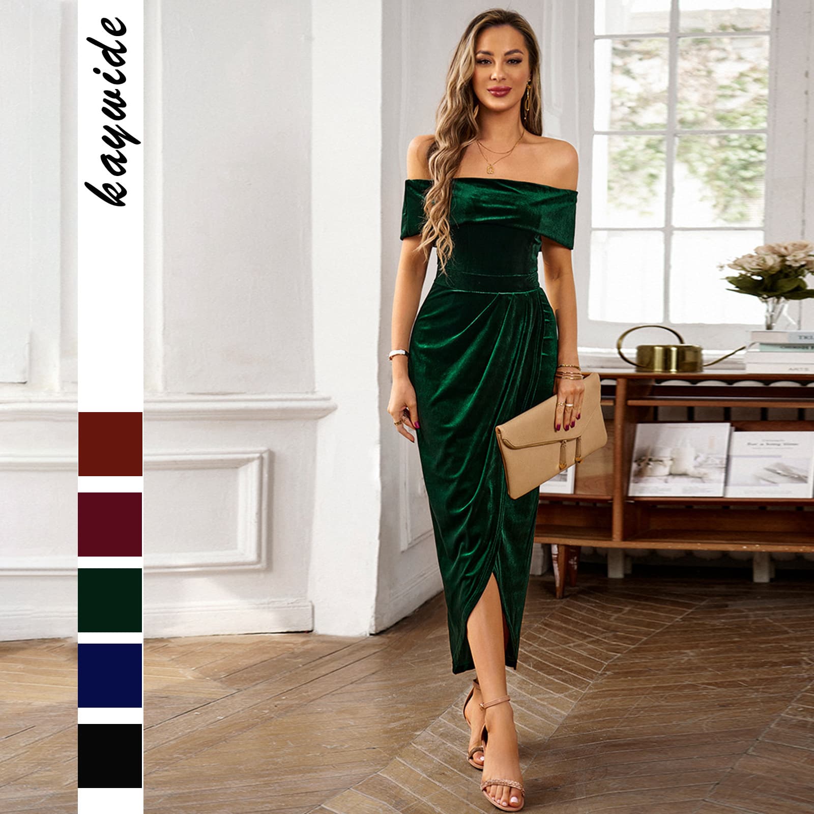 Women's Clothing Velvet dress elegant one-shoulder maxi dress
