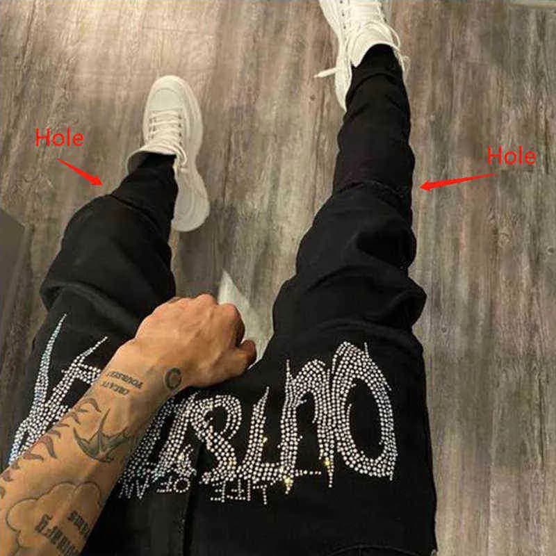 New Men's Black Jeans Jogging Retro High Waist Rhies Skinny Design Hole Hot Drilg Stretch Small Feet Washed Denim Pants