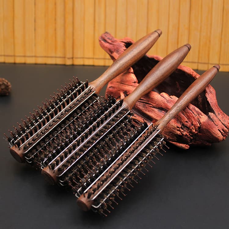 Steel wire round wood rolling black walnut pig mane curly cylinder beauty hair comb