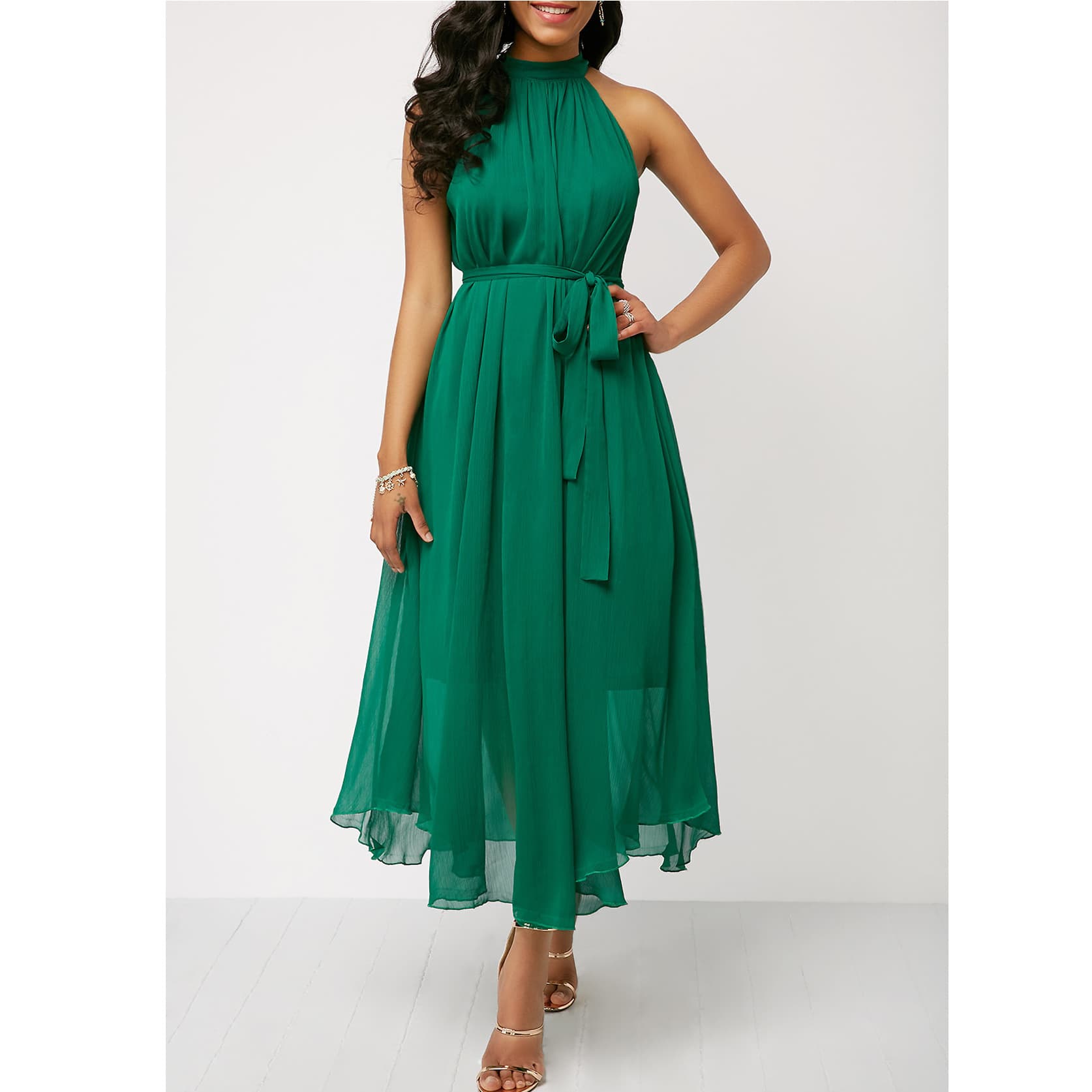 European and American spring and summer halterneck off-shoulder chiffon pleated dress plus size brand women's clothing cross-border supply