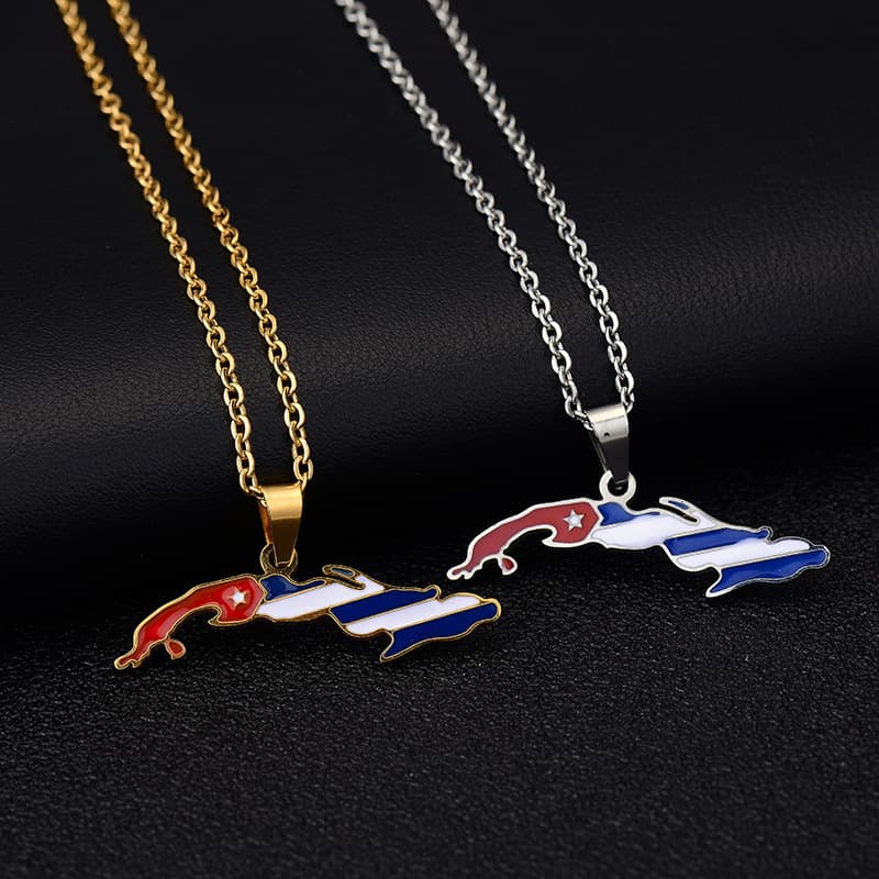 Vintage Oil Drops Republic of Cuba Map Pendant Necklace Fashion Stainless Steel Women's Clavicle Chain