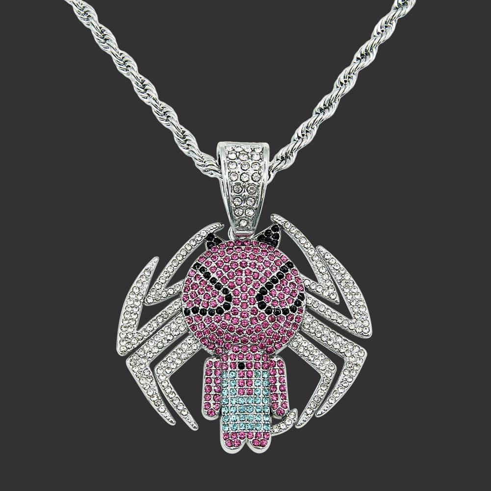 Hip Hop Anime Superhero Jewelry Iced Out Crystal Spider Pendant Necklace For Men Women Cuban Chain Choker