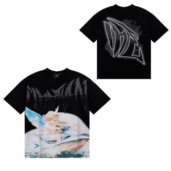 T-shirt unisexe à manches courtes, coupe ample, imprimé extraterrestre tendance style américain, orné de strass, idéal pour la rue.