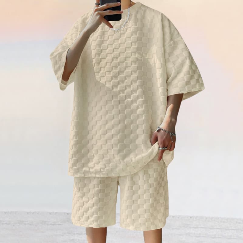 Men's Clothing Plus Size New Summer Men's Short Sleeved T Shirt Loose Shorts Jacquard Plaid Suit