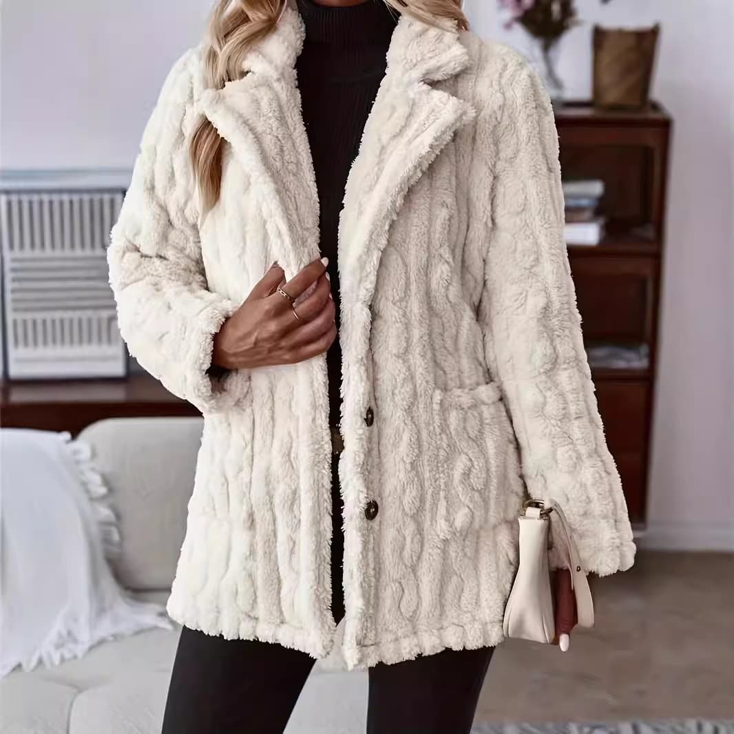 Women's Clothing hot selling double sided plush water ripple button cardigan pocket lapel casual top jacket for women