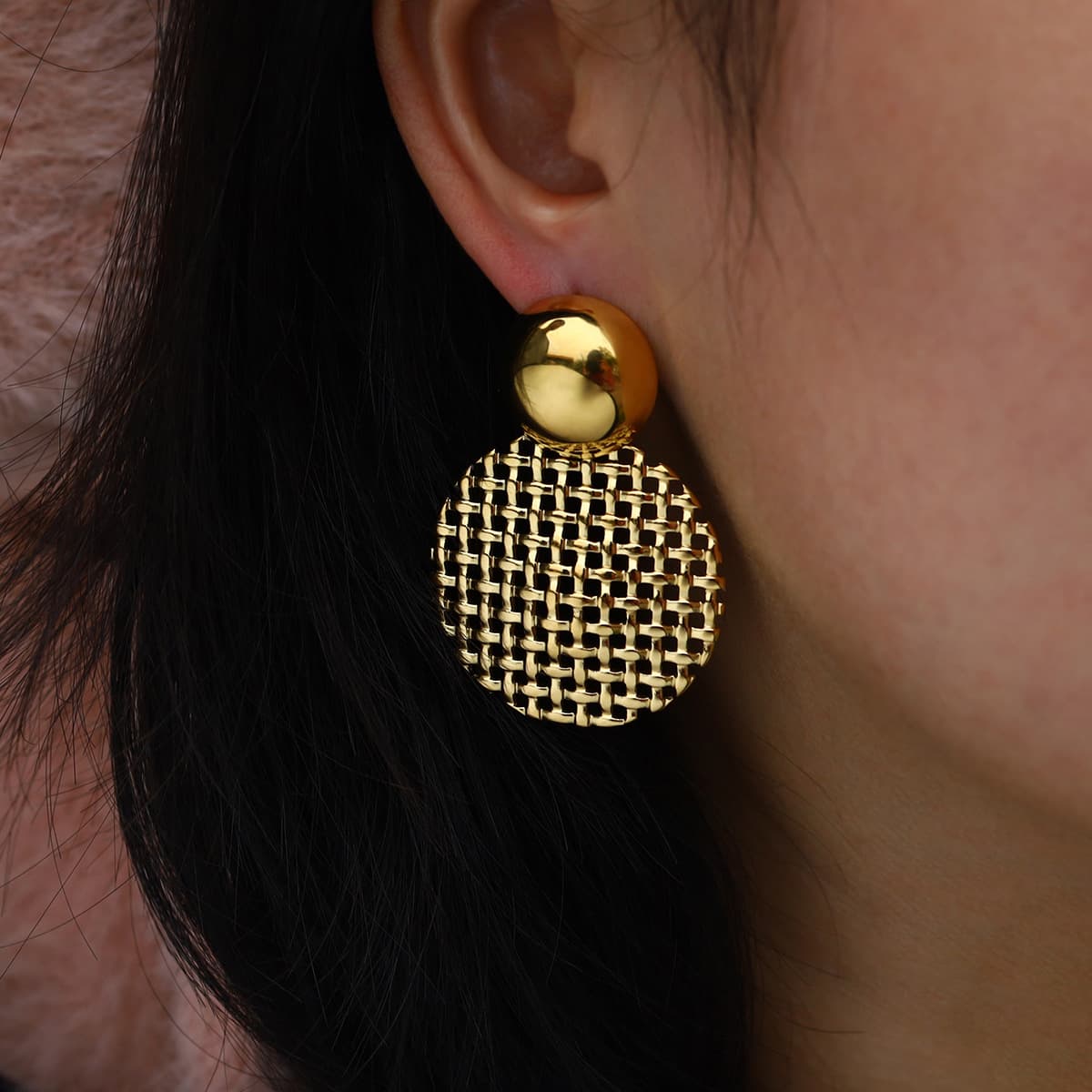 Exaggerated Round Earrings Retro Cold Style High End Personality Temperament Metal Geometric Mesh Earrings