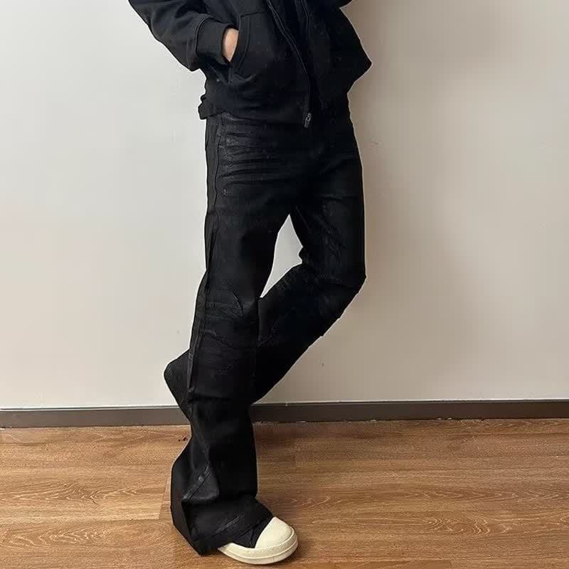 ​​Men's Distressed Waxed Coated Biker Jeans With Armor-Paneled Knee & Asymmetrical Pleats - Oversized Wide-Leg Streetwear Pants​​