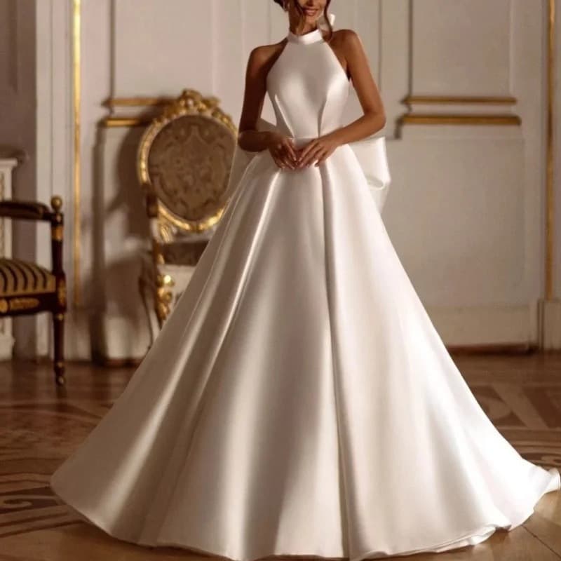 Women's Clothing light luxury high end satin wedding dress simple sexy front slit bride out of the veil classic halter neck evening dress