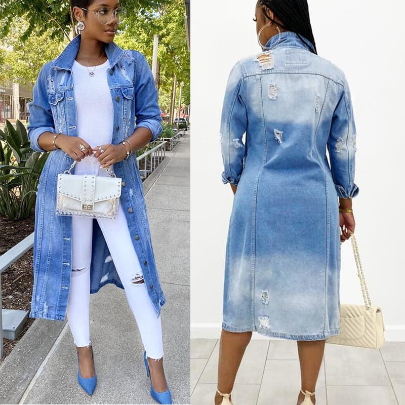 New denim long windbreaker jacket ripped denim jacket for women