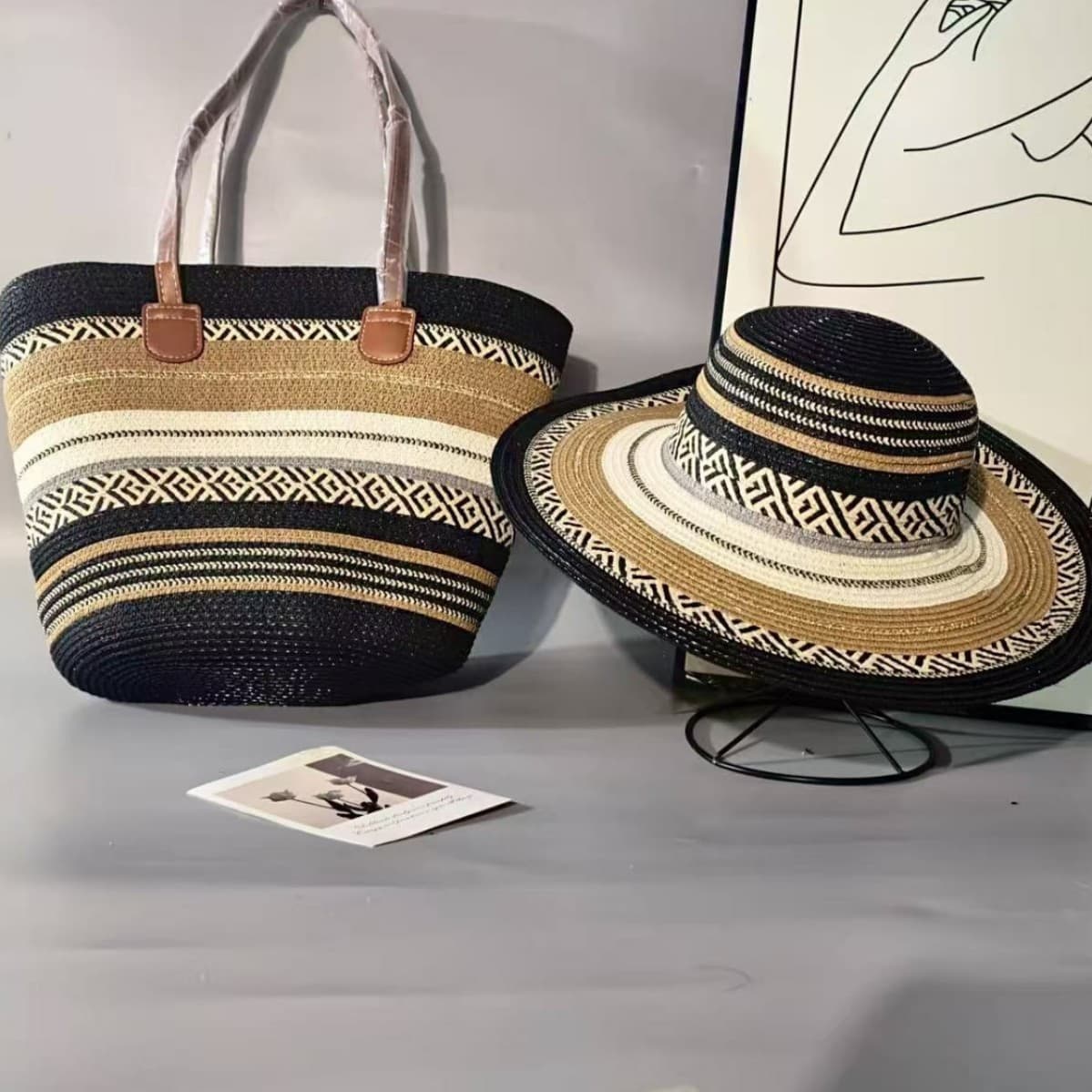 Bohemian Straw Hat & Tote Bag Set – Woven Beach Accessories For Women & Men (Black/White/Khaki/Beige, Breezy Vacation Style)