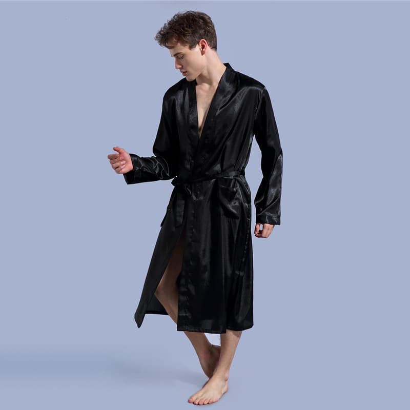 Women’s Clothing solid color robe thin cardigan nightgown loose large size long sleeve spring and autumn glossy satin bathrobe