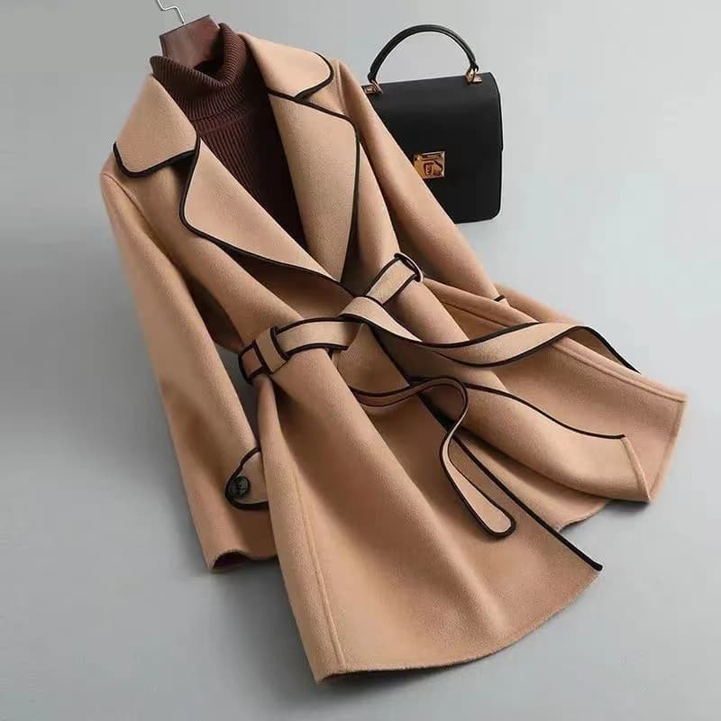 Trench-coat en laine mélangée pour femme – Manteau d'hiver long coupe slim style étudiant (kaki foncé/vert/noir/bordeaux, S-XXXL)