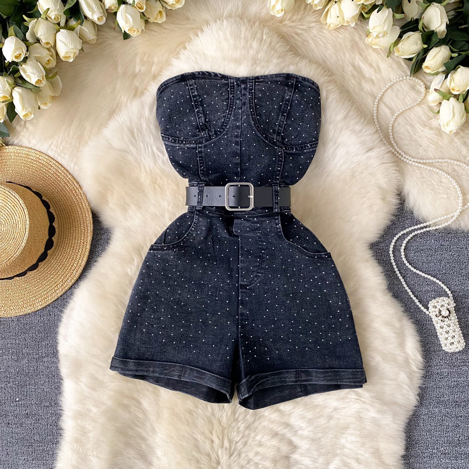This year's popular beautiful petite outfits for women's jeans, fashionable hot diamond high waist slim sleeveless tube top jumpsuit