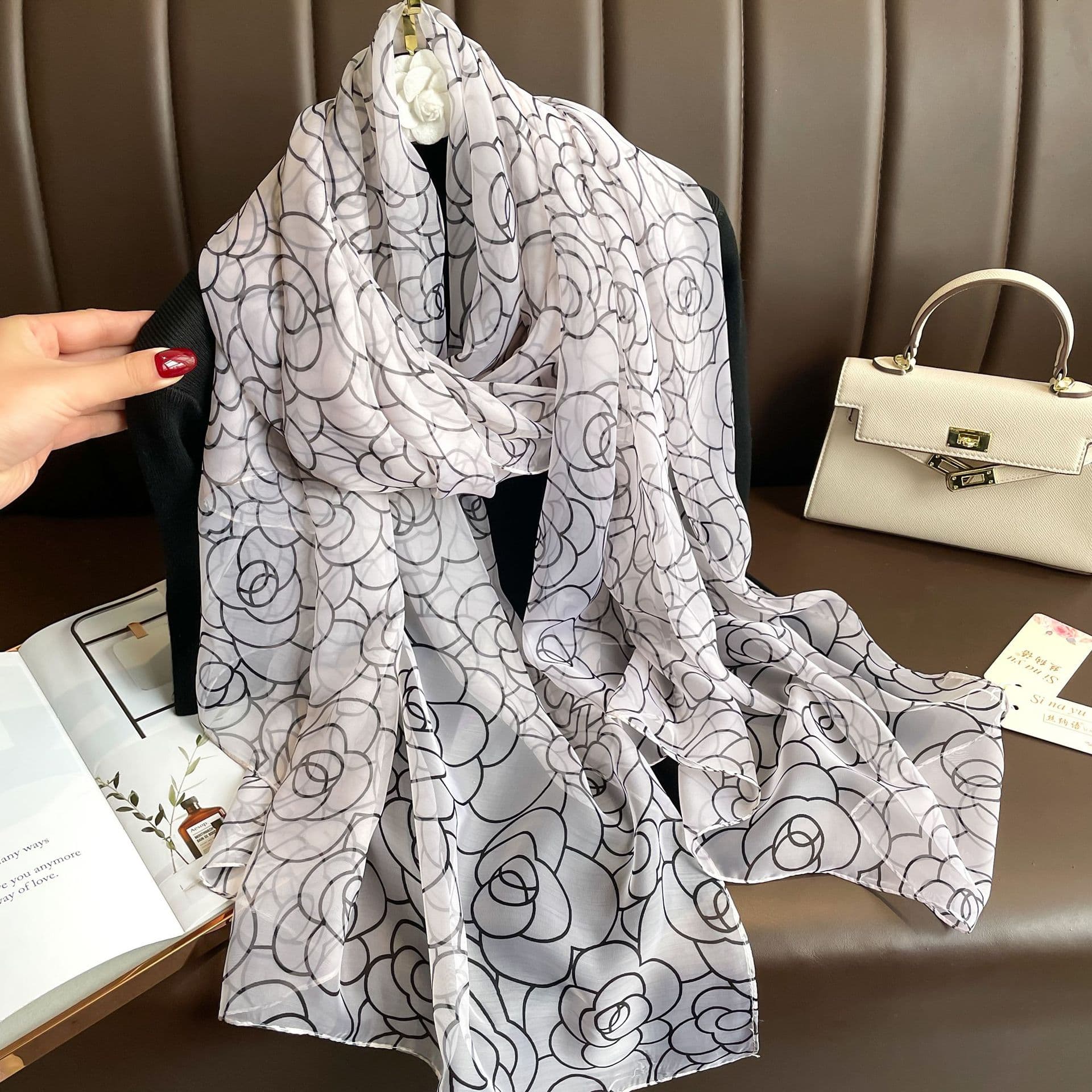 Elegant Large Yarn Thin Silk Scarf Women's Camellia Spring and Summer Sunscreen Tourism Photography Silk Scarf Beach