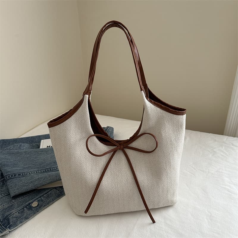 Women's Bags Niche Stitching Canvas Tote Bag Commuter Fashion Strap Bow Handbag Stylish Shoulder Underarm Bag Beach Bag