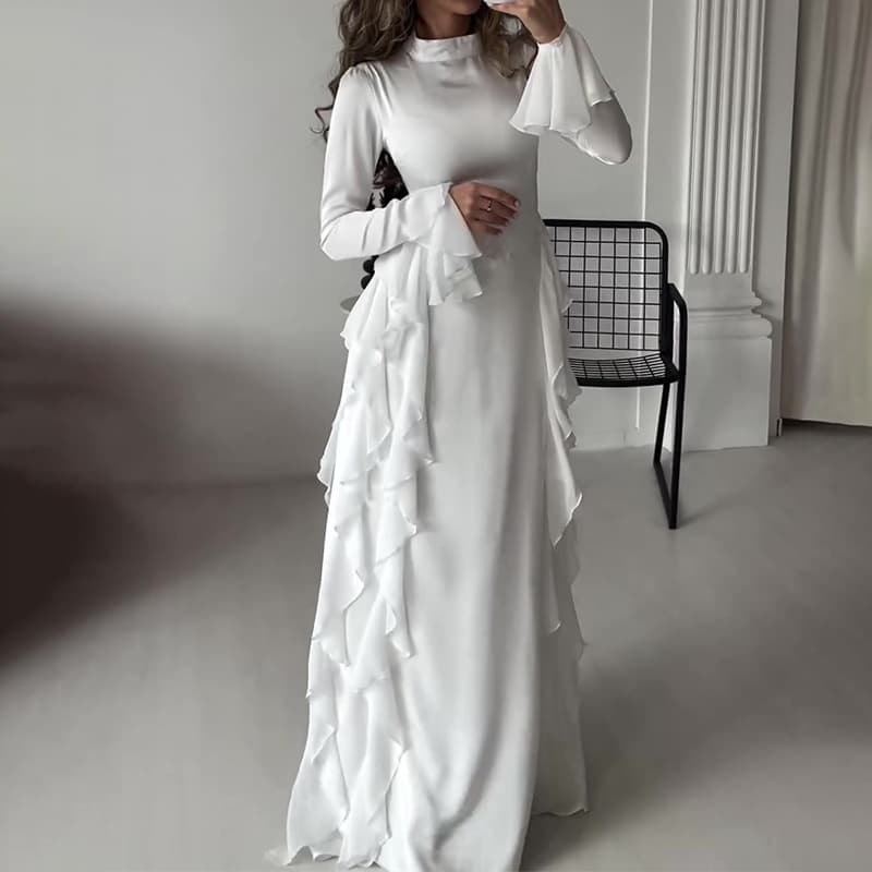 Women's Clothing Round Neck Trumpet Sleeve Temperament High Waist Stitching Slim Dress