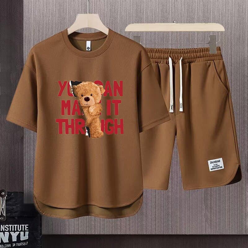 Men's Clothing 2024 Waffle Casual Summer Suit Men's Loose Teen Short sleeved T shirt Shorts Handsome Two piece Suit