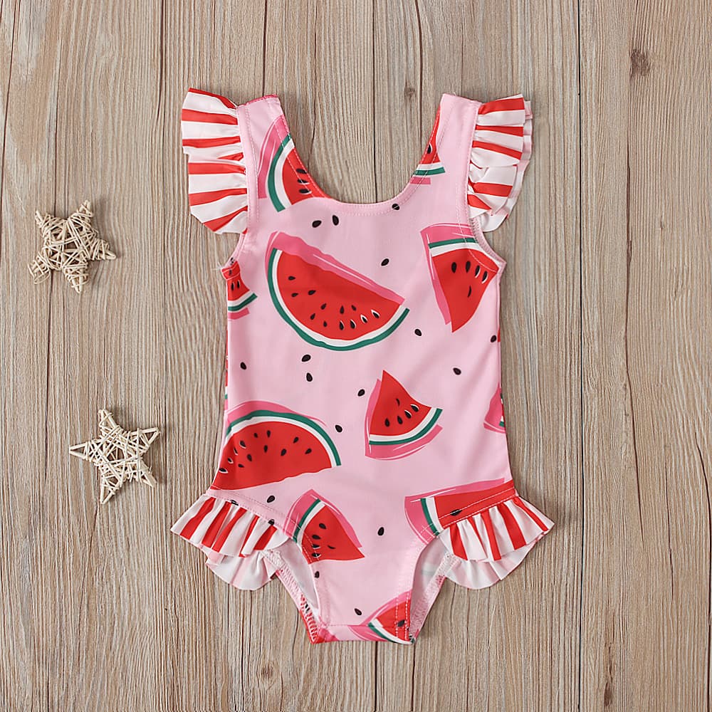 Girls' Stylish Sleeveless Ruffle-Back Swimsuit – Breathable Milk Silk Fabric, Playful Watermelon Print, Uv Protection (80-110cm, 2 Colors)