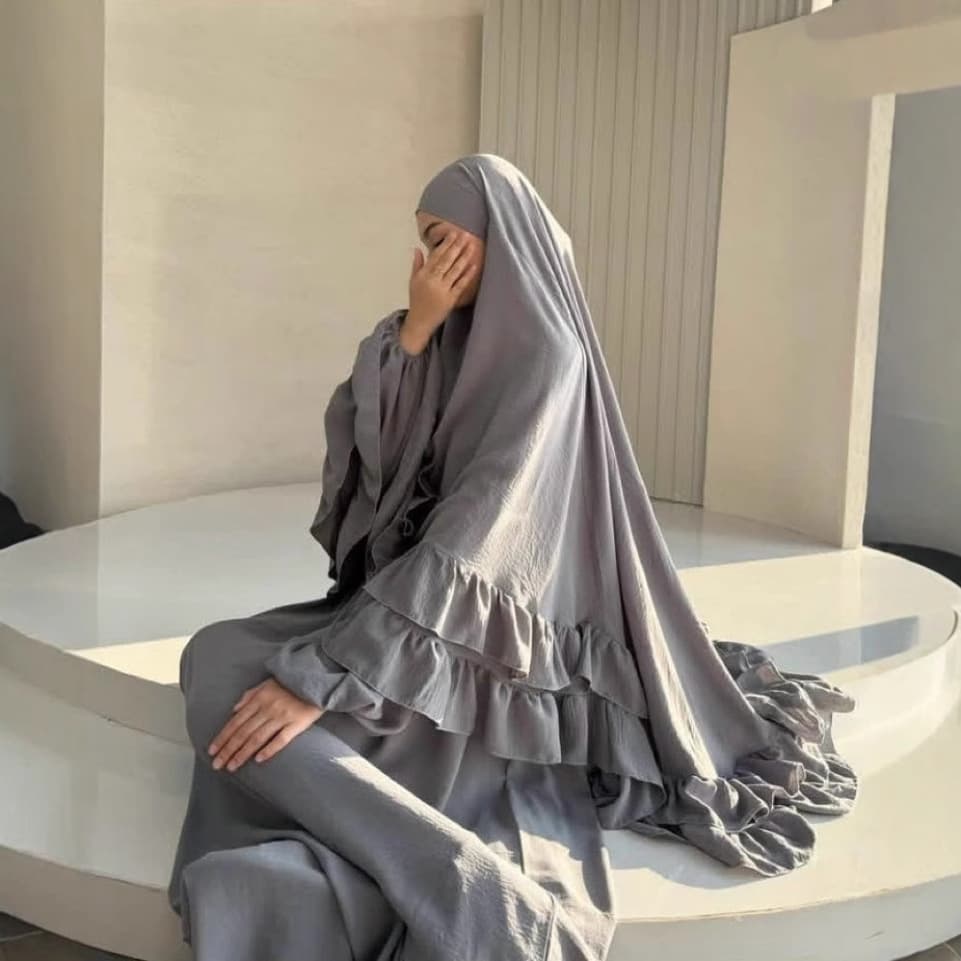 Muslim Women's Clothing Solid Color Long Robe Dress Two-Piece Set Pleated Headscarf Large Hijab P111