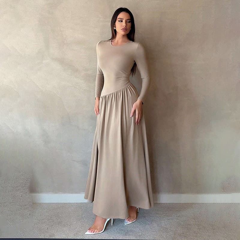 Women's Clothing Fashionable And Elegant Elegant Long-Sleeve Knit Dress For Women – Wrinkle-Resistant A-Line Midi Dress (Beige/Black/Red) – S/M/L/XL​