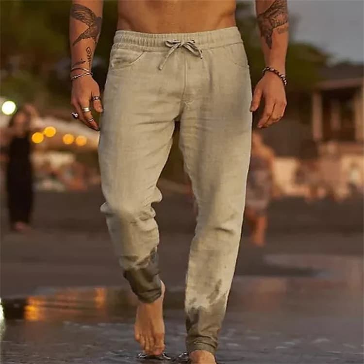 European And American New Men's Solid Color Drawstring Cotton Linen Loose Casual Beach Casual Pants