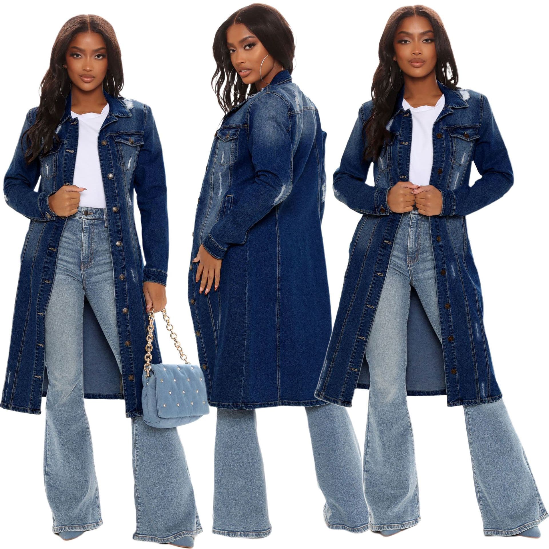 Women's fashion ripped long sleeve cowboy trench coat cardigan cowboy cape dress