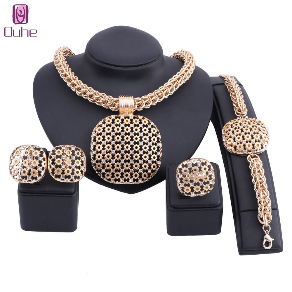 Women Dubai Gold Color Crystal Square Pendant Necklace Earring Bracelet Ring Costumer Nigerian Wedding Jewelry Set
