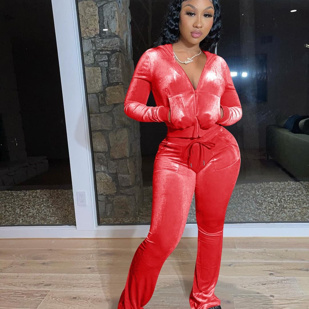Women's Solid Color Multi-color Casual Canary Pocket Hooded Zipper Hoodie Wide Leg Pants Two-piece Set