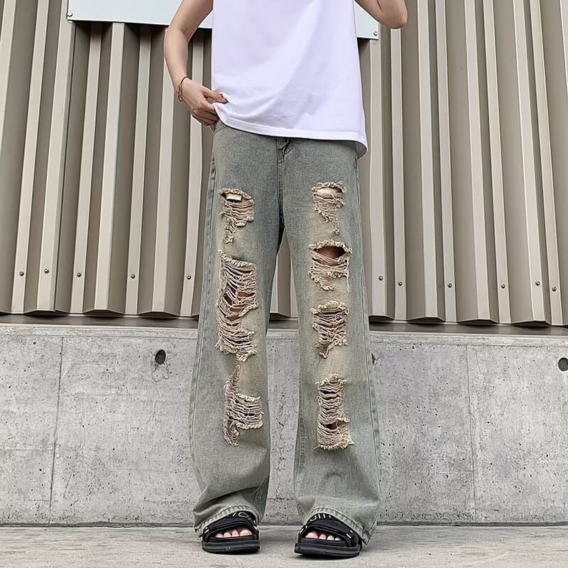 Unisex High Street Distressed Denim Jeans Slimming Straight Leg Trousers Retro Niche Design for Men And Women