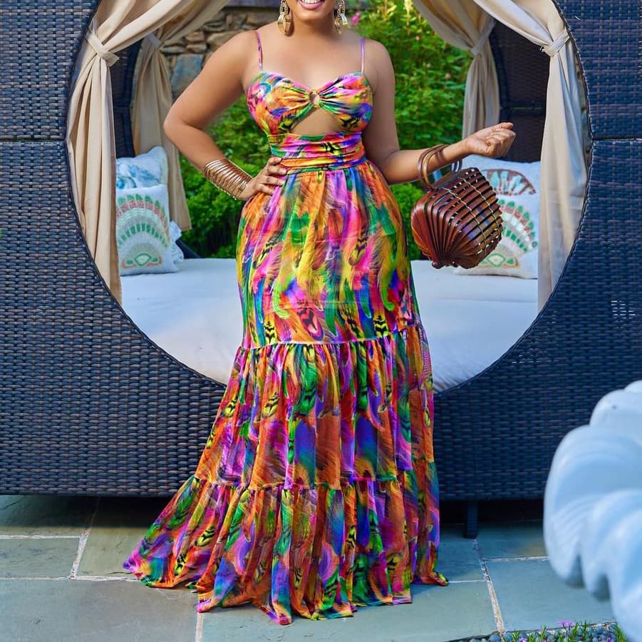 Plus Size Women's Suspender Sexy Printed Sleeveless Backless Dress