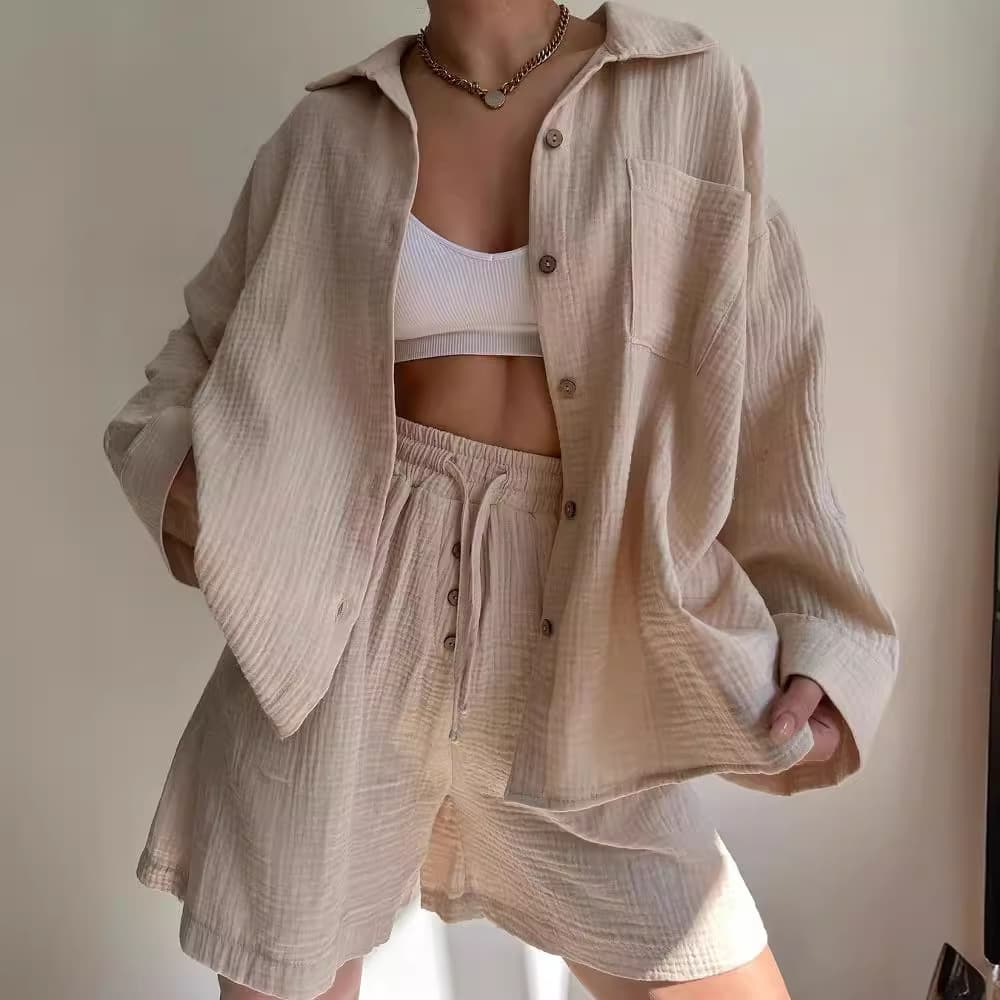 Women's Clothing Wrinkled Lapel Long Sleeved Shirt High Waisted Drawstring Shorts Fashionable Casual Two Piece Set