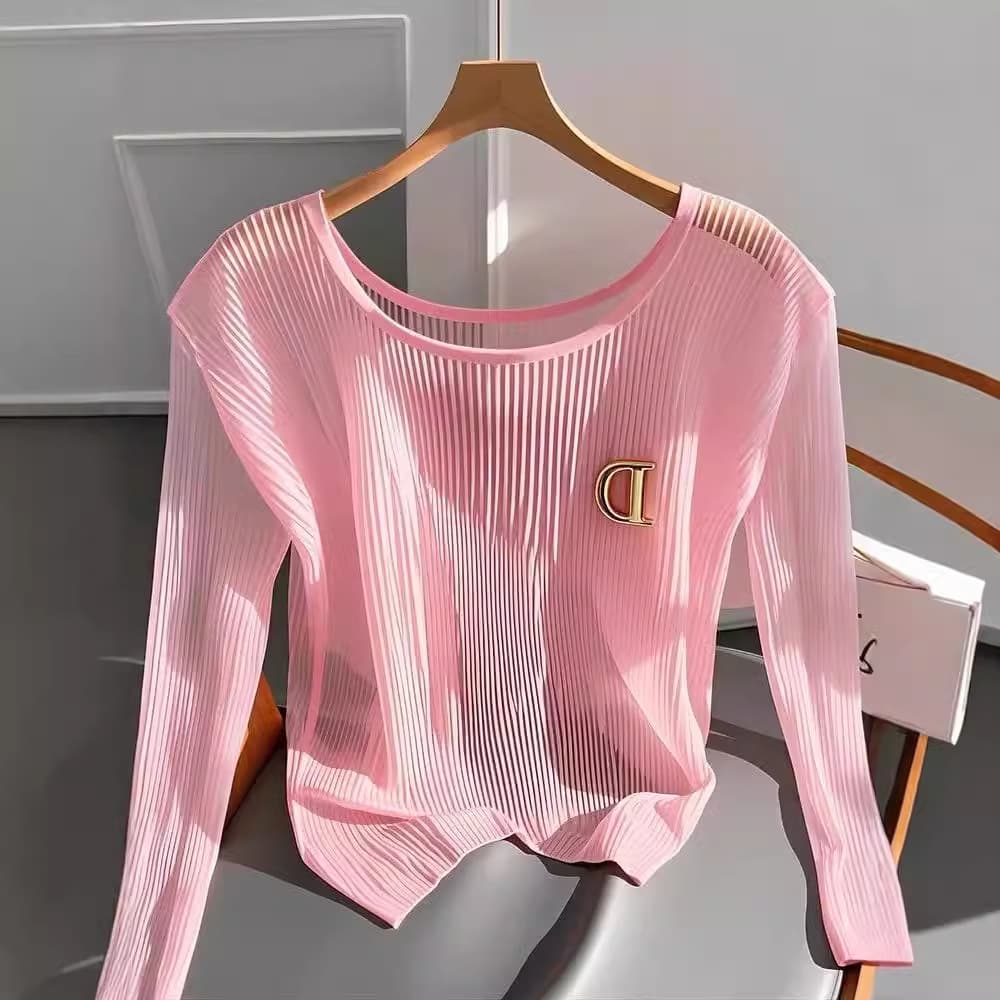 Women's Clothing Red Slim T Shirt Light Breathable Chic Knitted Long Sleeved T Shirt