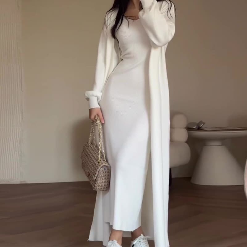 Women's Clothing solid color lazy style slim knit sweater knee length skirt suit