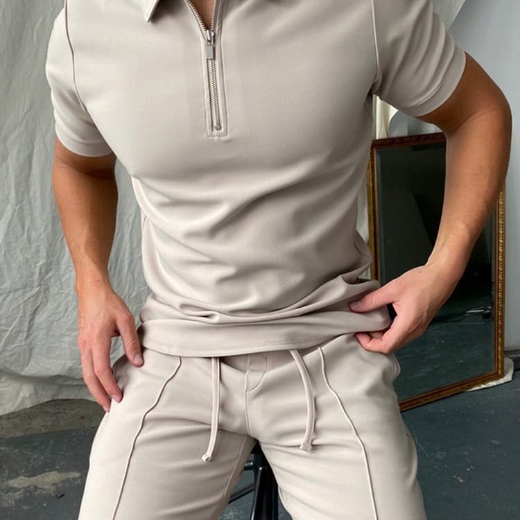 Men's Clothing Polo Shirt Short Sleeve Shirt Set Summer Half Zip Top Multi Pocket Shorts Two Piece Set