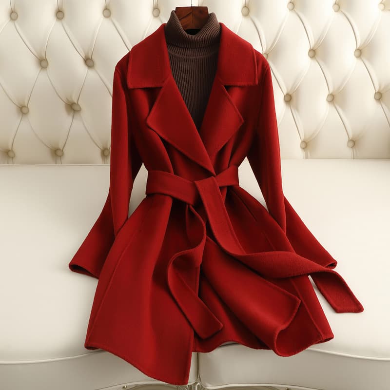 ​​Petite Double-Faced Wool Coat For Women – Mid-Length Belted Trench Coat In Black, Red, Brick Red, Camel & Cream​​