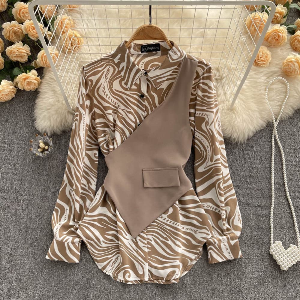 Women's long-sleeved tops loose and slimming striped stitching two-piece shirt for women